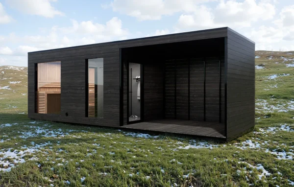 Angled front view of garden sauna with shower Caldori Primatherma SPGT in landscaped garden