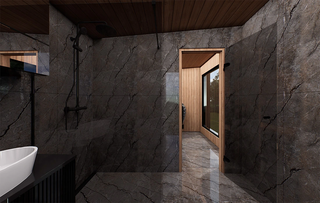 Imperia SP integrated sauna bathroom inside luxury outdoor wellness cabin
