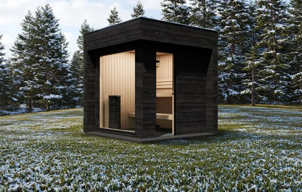 Luxury garden sauna exterior photographed from side perspective in a modern private wellness garden