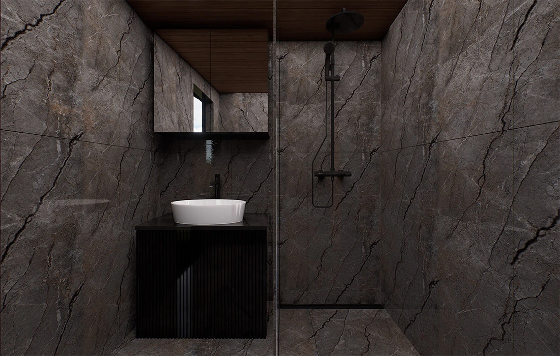 Therma Imperia SP sauna with shower and washbasin integrated into luxury outdoor structure