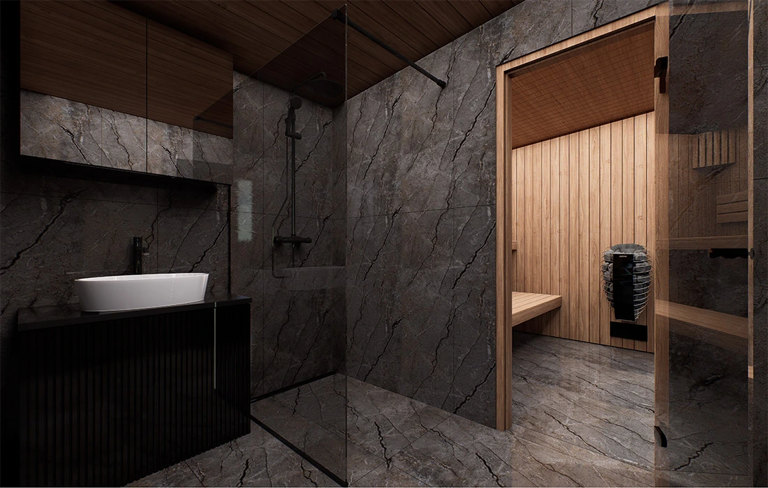 herma Imperia SP sauna with shower area designed for outdoor wellness