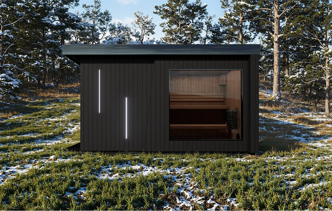 Caldori Therma Imperia SP garden sauna front elevation with integrated shower zone
