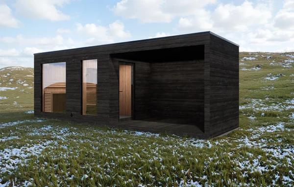 Garden sauna with terrace by Caldori Primatherma SGT in modern private garden setting