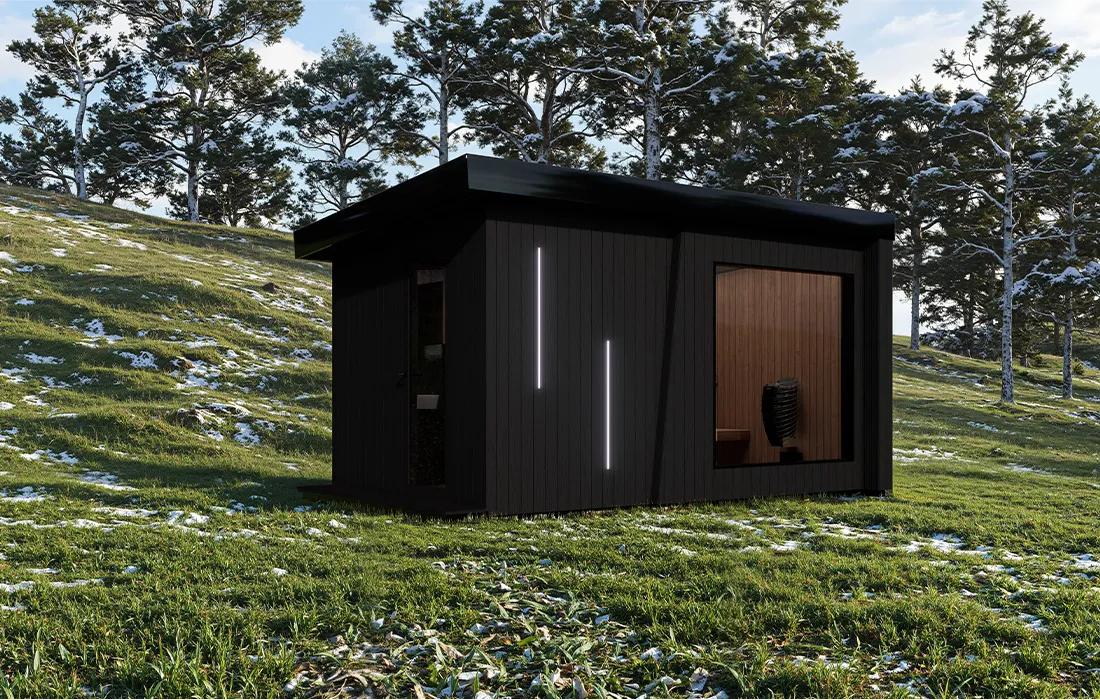 Imperia SP outdoor sauna with shower shown from the left front perspective