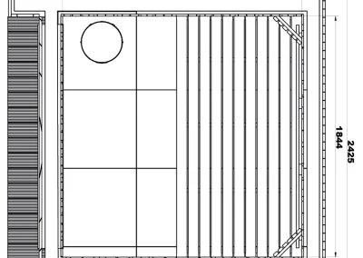 Outdoor sauna floor plan drawing showing top view layout and technical dimensions