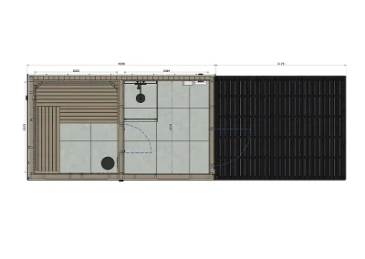 Top view floor plan of Caldori Primatherma SPGT garden sauna with shower showing room layout and dimensions