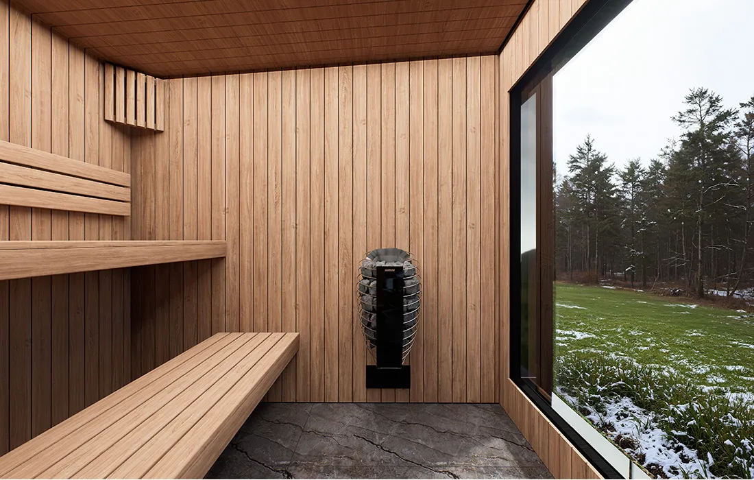Therma Imperia SP sauna interior with ergonomic benches, heater and glass panel
