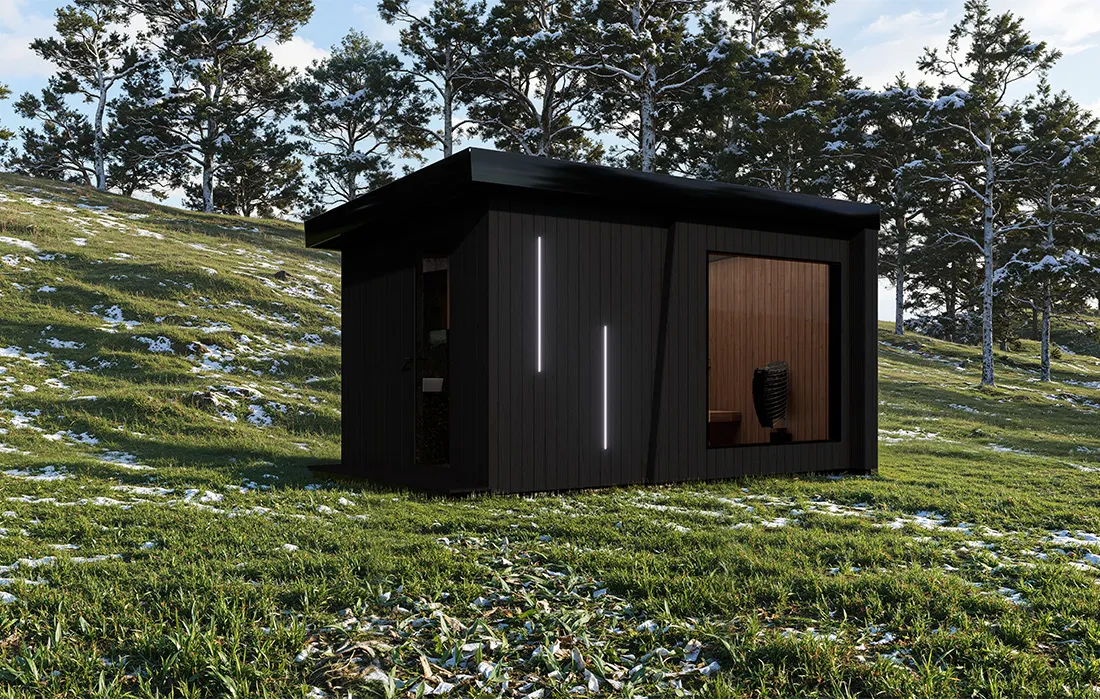 Therma Imperia SR garden sauna viewed from left front perspective