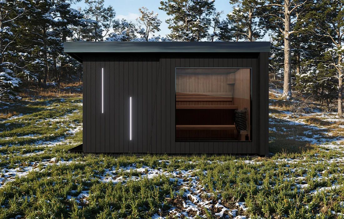 Therma Imperia SR luxury outdoor sauna front view in a modern garden setting