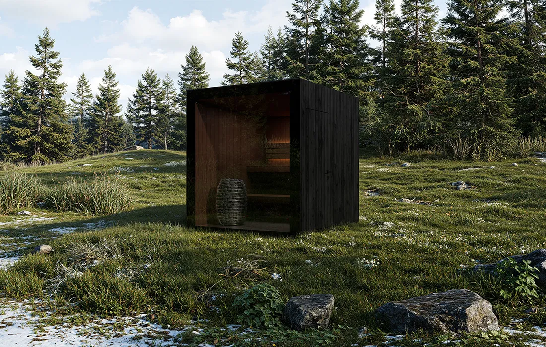 Caldori Therma Suprema premium outdoor sauna with modern steel construction in luxury garden setting