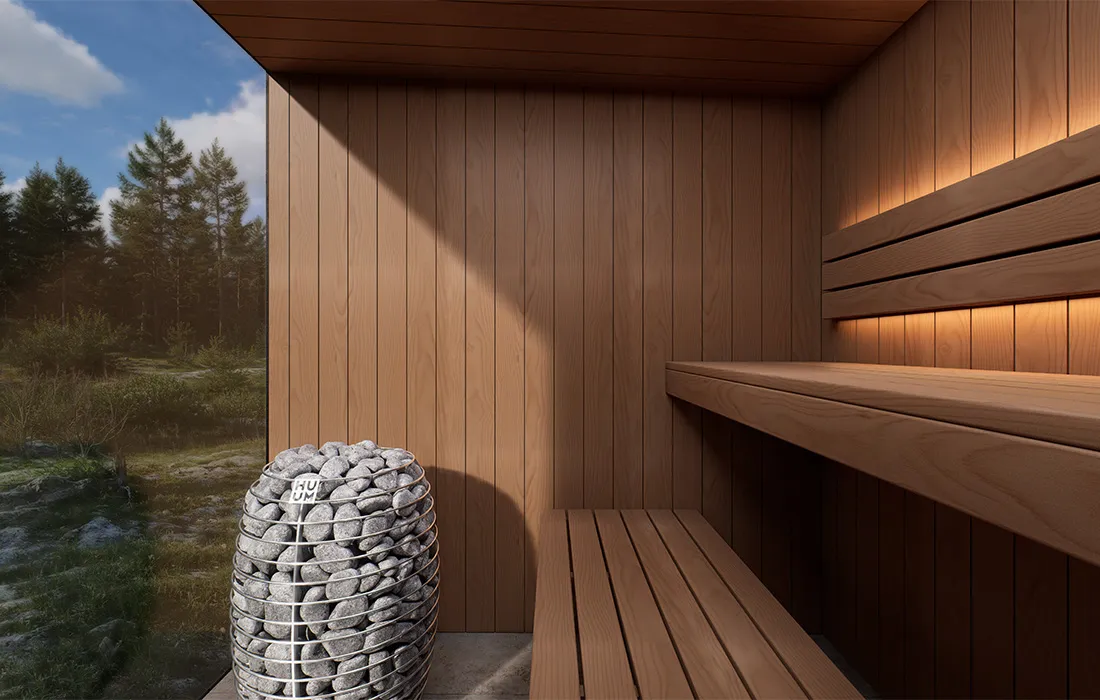 Interior of Caldori Therma Suprema sauna with Abachi wood benches and Scandinavian spruce finish