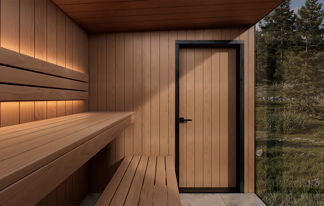 Interior of Caldori Therma Suprema sauna with Abachi wood benches and Scandinavian spruce finish